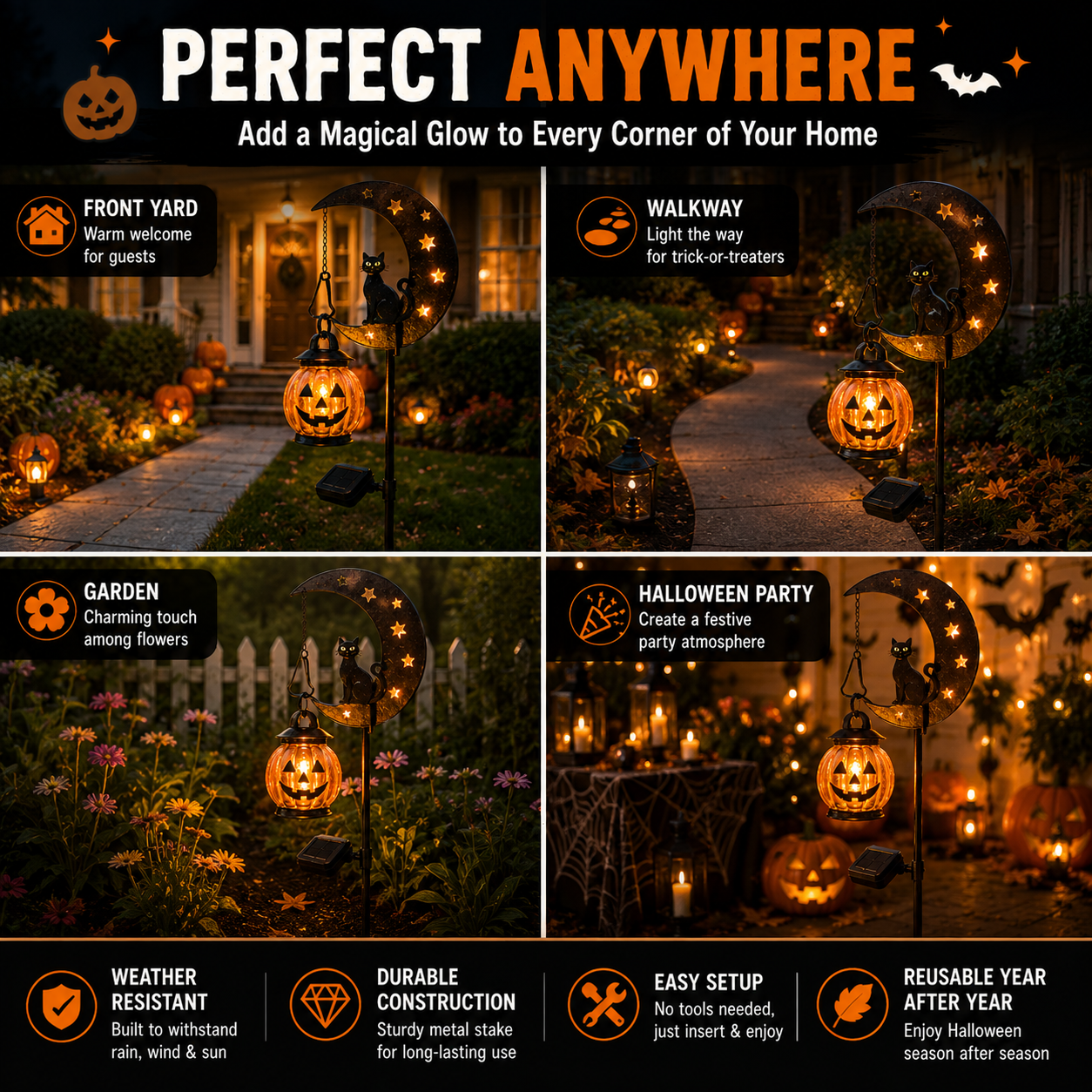 🔥 HOT SALE 👻 Solar Halloween Garden Stake Light with Black Cat & Pumpkin