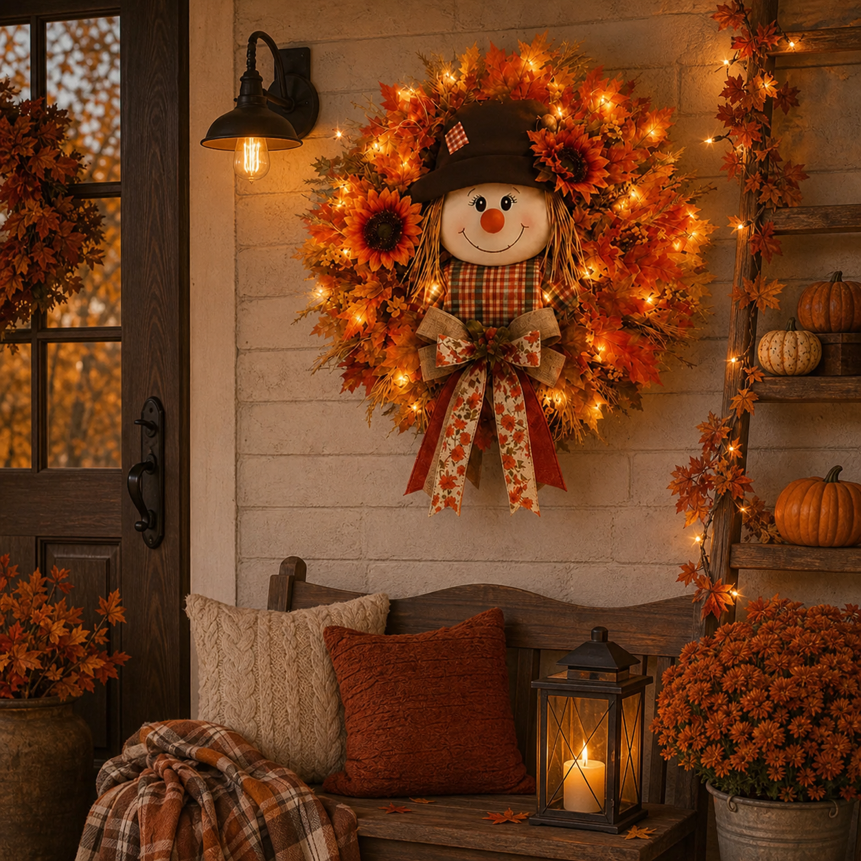 🔥🍁 Fall Favorite – Lighted Scarecrow Front Door Wreath