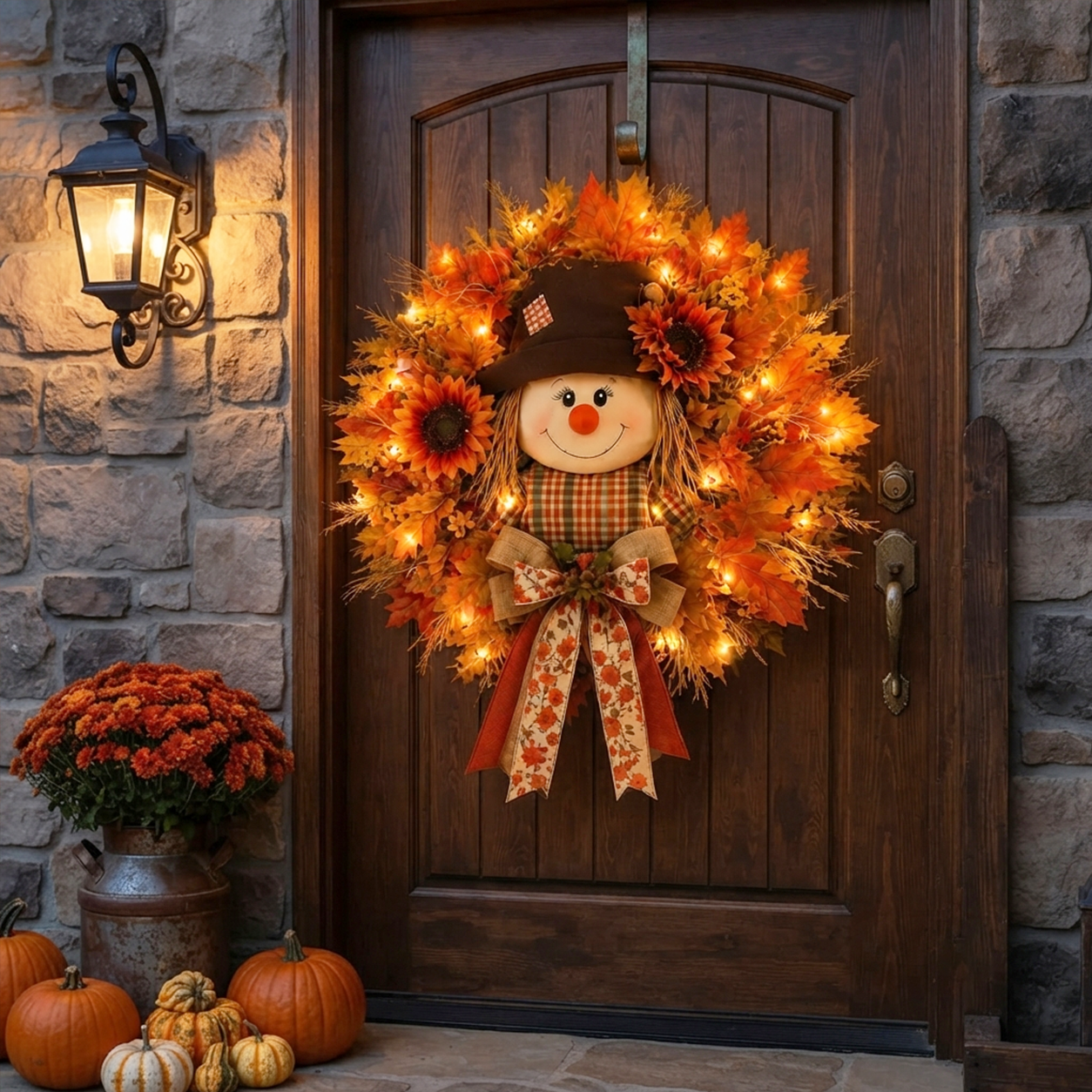 🔥🍁 Fall Favorite – Lighted Scarecrow Front Door Wreath