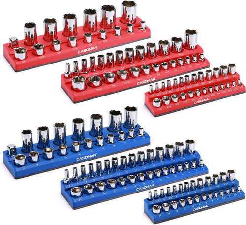 Magnetic Socket Organizer, 6 Piece Socket Holder Kit, 1/2-inch, 3/8-inch, 1/4-inch Drive, Holds 143 SAE&Metric Sockets, Red & Blue, Professional Quality Tools Organizer