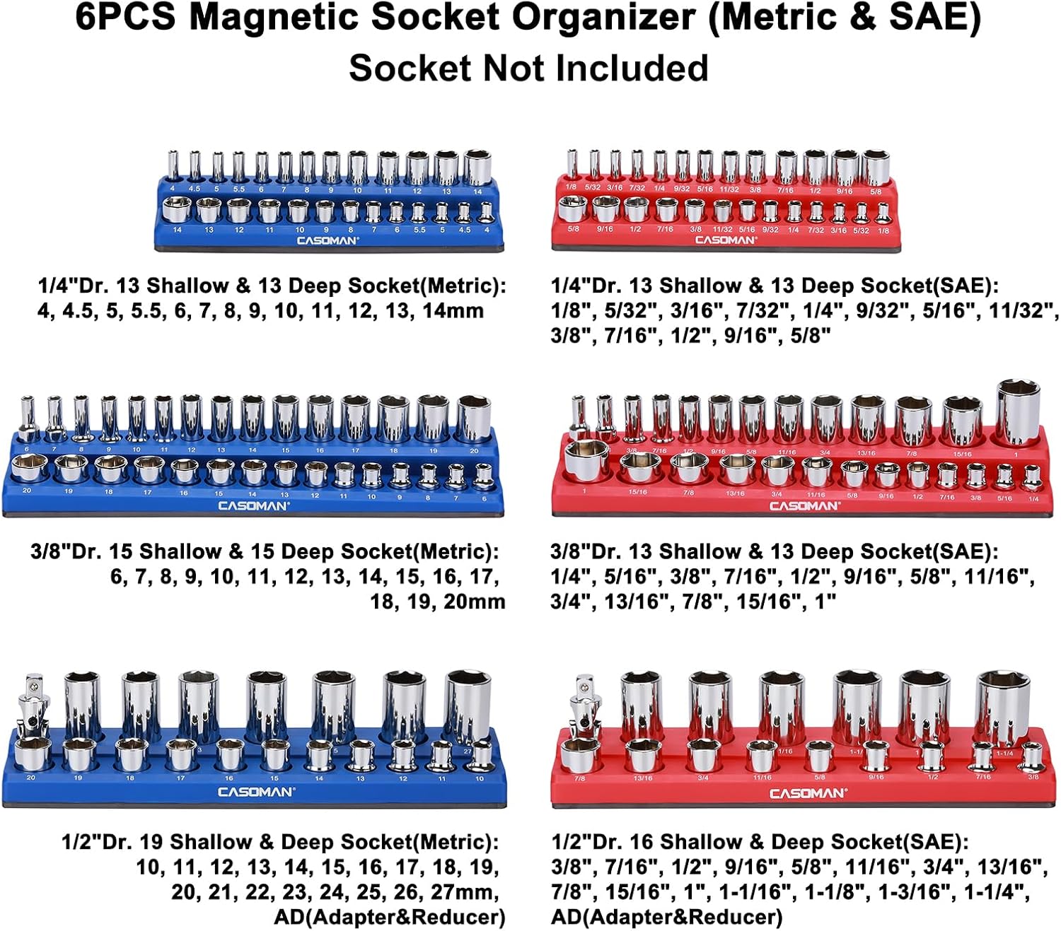 Magnetic Socket Organizer, 6 Piece Socket Holder Kit, 1/2-inch, 3/8-inch, 1/4-inch Drive, Holds 143 SAE&Metric Sockets, Red & Blue, Professional Quality Tools Organizer