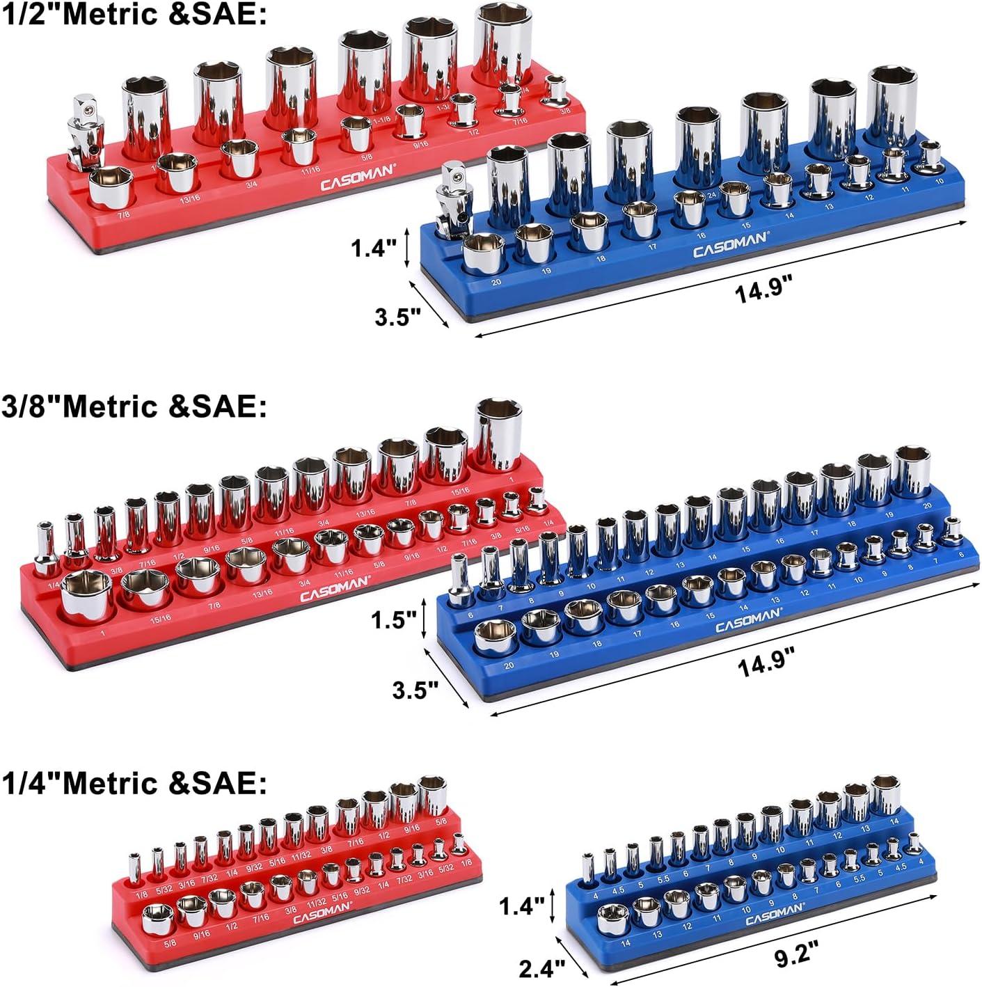 Magnetic Socket Organizer, 6 Piece Socket Holder Kit, 1/2-inch, 3/8-inch, 1/4-inch Drive, Holds 143 SAE&Metric Sockets, Red & Blue, Professional Quality Tools Organizer