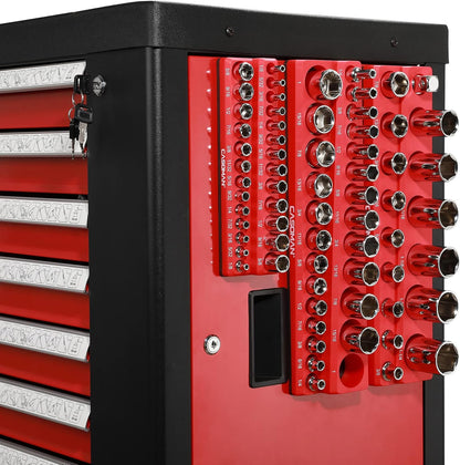 Magnetic Socket Organizer, 6 Piece Socket Holder Kit, 1/2-inch, 3/8-inch, 1/4-inch Drive, Holds 143 SAE&Metric Sockets, Red & Blue, Professional Quality Tools Organizer