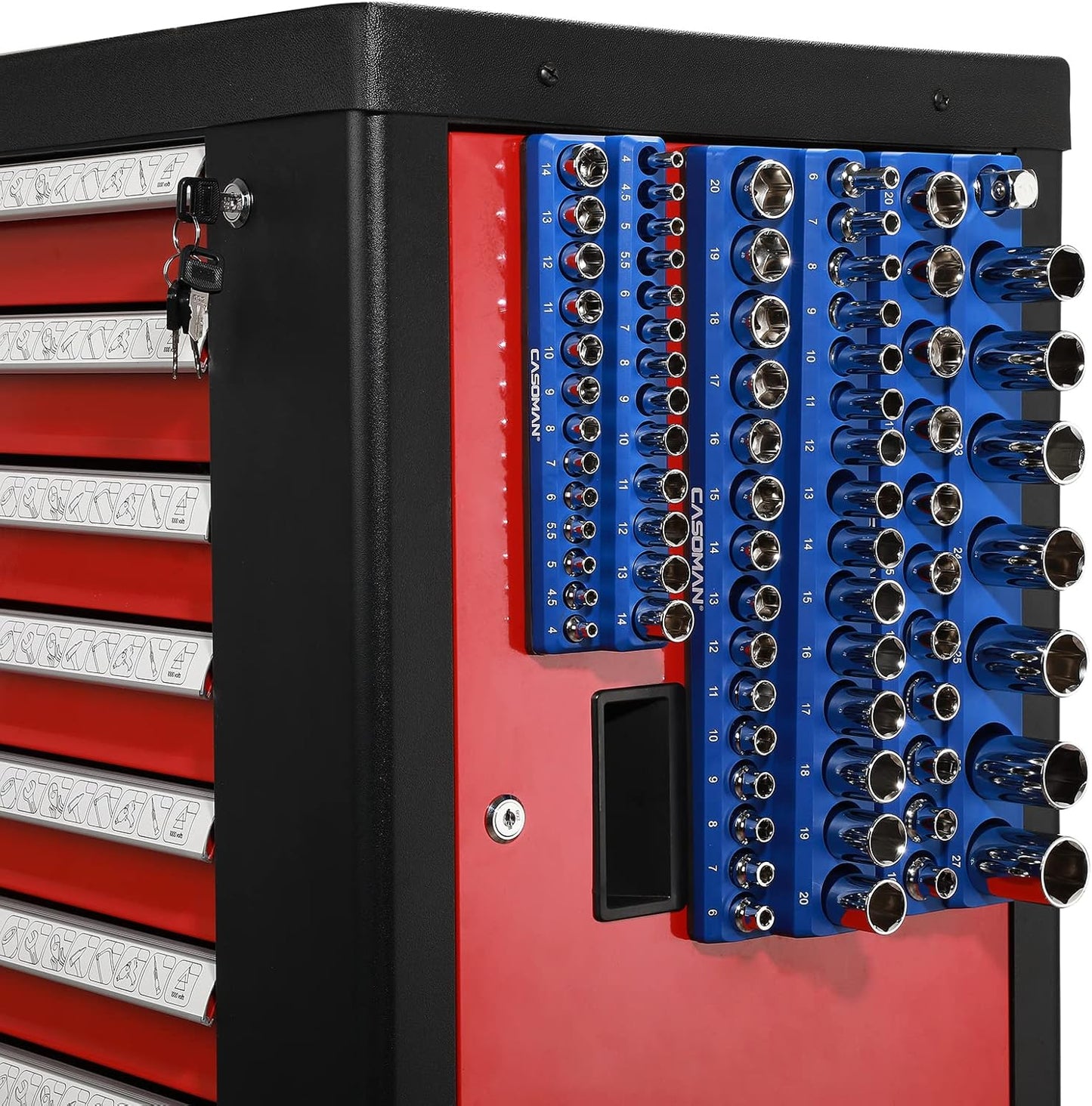 Magnetic Socket Organizer, 6 Piece Socket Holder Kit, 1/2-inch, 3/8-inch, 1/4-inch Drive, Holds 143 SAE&Metric Sockets, Red & Blue, Professional Quality Tools Organizer