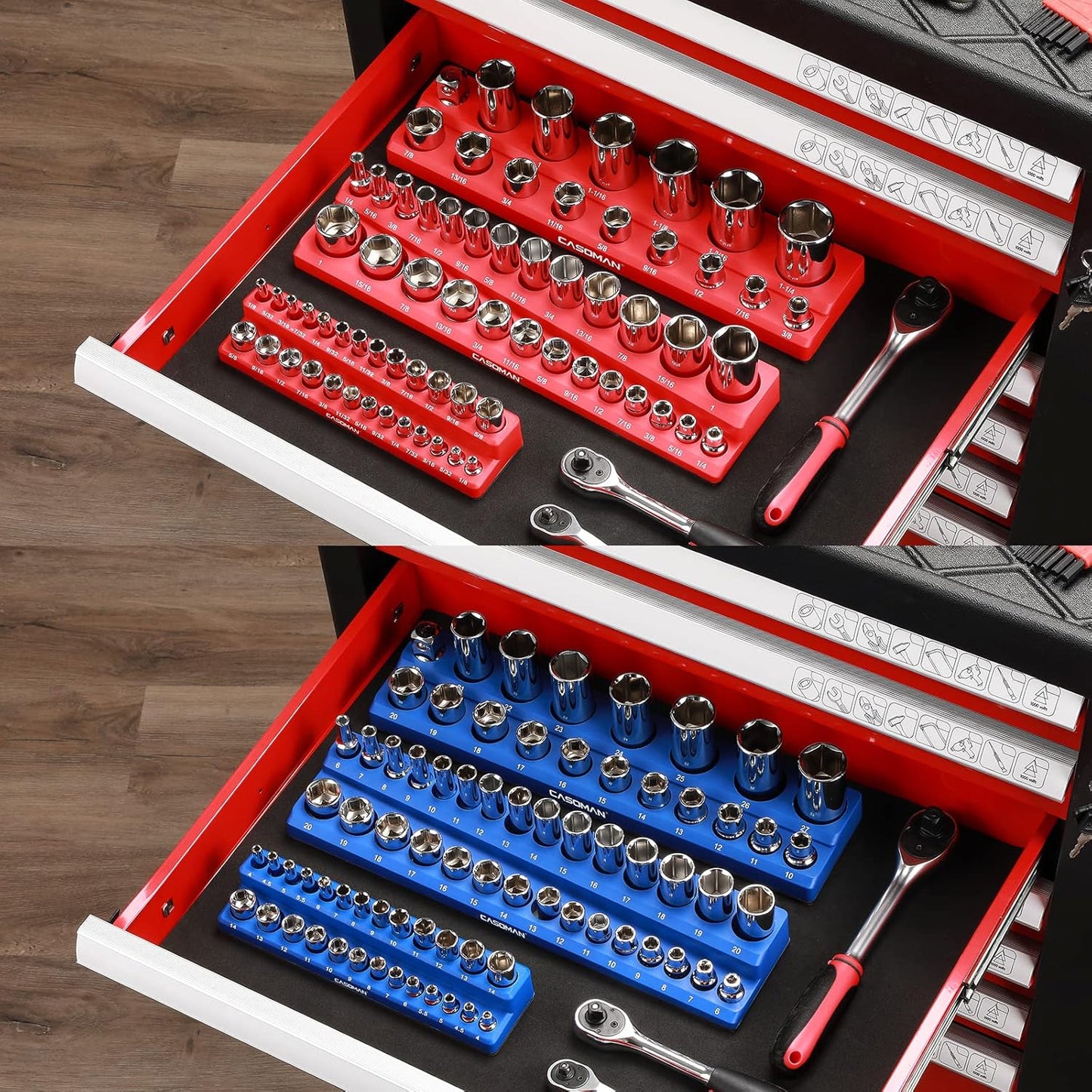 Magnetic Socket Organizer, 6 Piece Socket Holder Kit, 1/2-inch, 3/8-inch, 1/4-inch Drive, Holds 143 SAE&Metric Sockets, Red & Blue, Professional Quality Tools Organizer