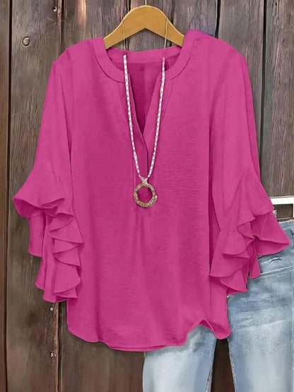🔥Plus Size Women's Ruffle Sleeve V-Neck Shirt, Elegant Floral Design, Comfortable and Stylish, Perfect for Casual Wear