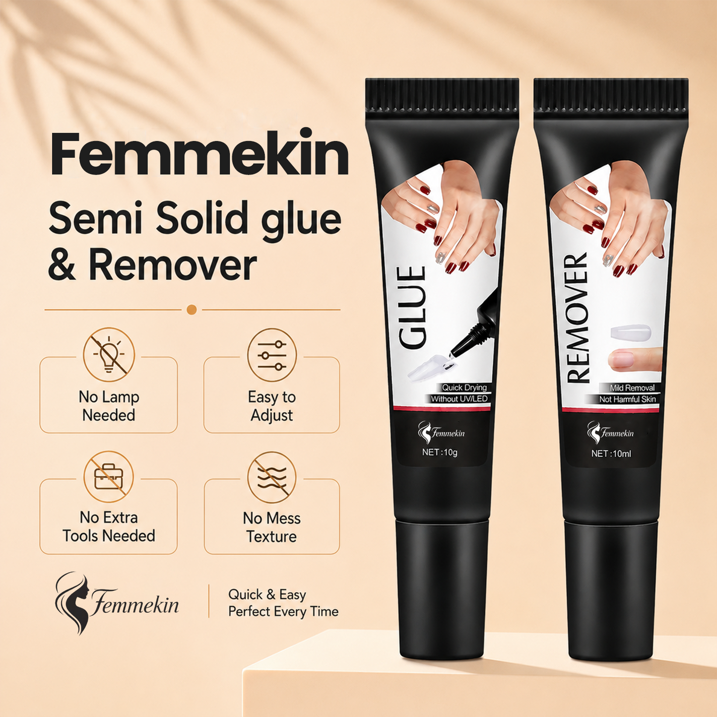 Semi Solid Nail Glue Gel with Gift Remover for Press On Nails