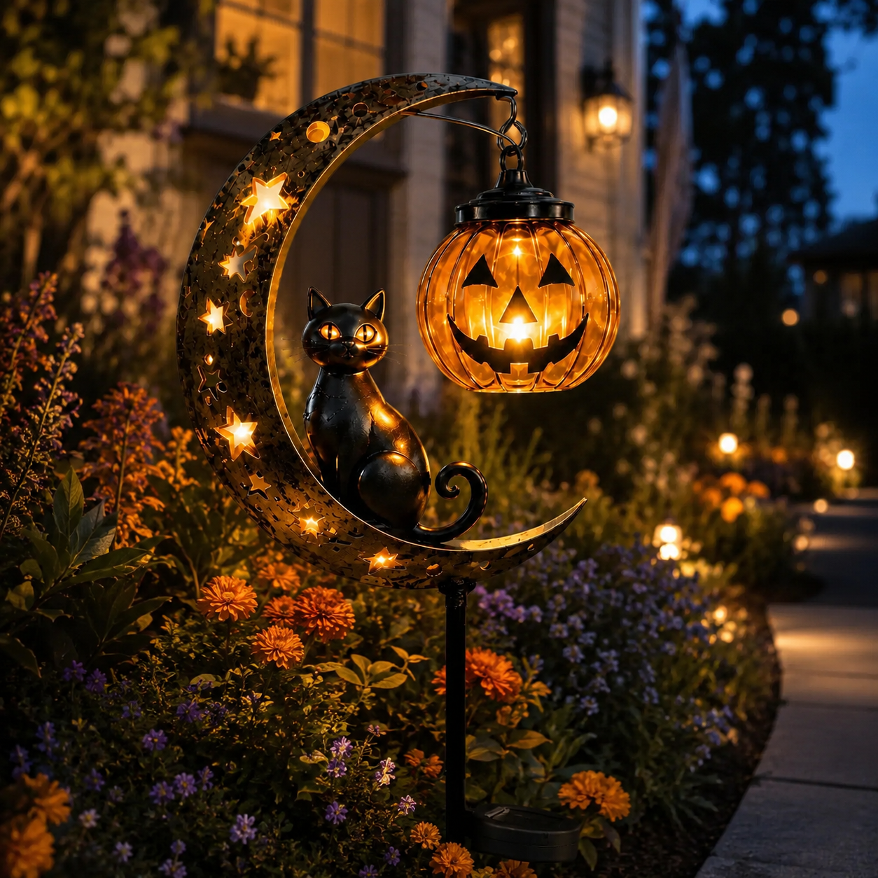 🔥 HOT SALE 👻 Solar Halloween Garden Stake Light with Black Cat & Pumpkin