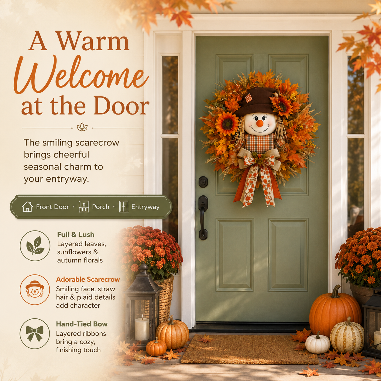 🔥🍁 Fall Favorite – Lighted Scarecrow Front Door Wreath