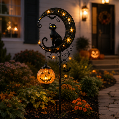 🔥 HOT SALE 👻 Solar Halloween Garden Stake Light with Black Cat & Pumpkin