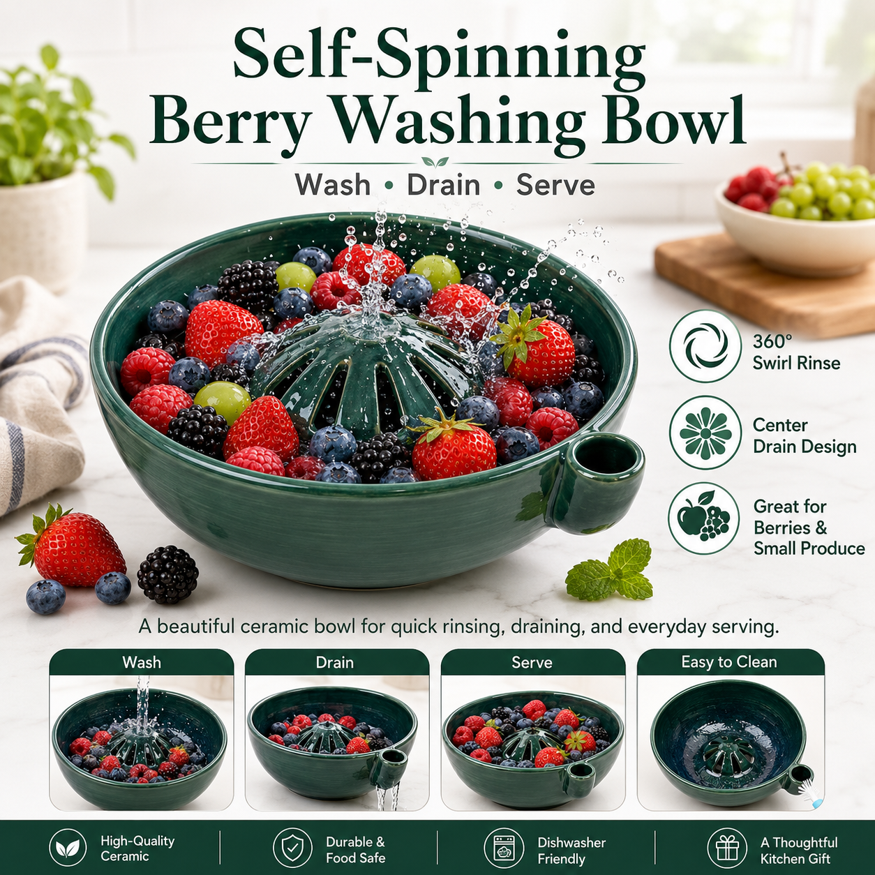 🔥Hot Sale 50% OFF 🎁Self Spinning Berry Washing Bowl Ceramic, Automatic swirl fruit colander with drain hole, multipurpose kitchen washer for berries, fruits and vegetables
