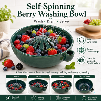 🔥Hot Sale 50% OFF 🎁Self Spinning Berry Washing Bowl Ceramic, Automatic swirl fruit colander with drain hole, multipurpose kitchen washer for berries, fruits and vegetables