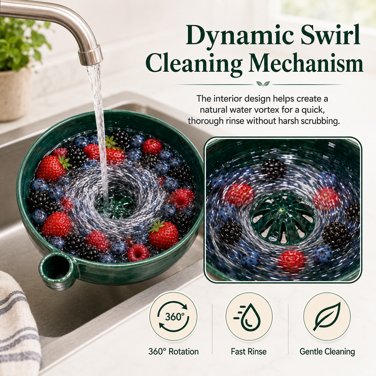 🔥Hot Sale 50% OFF 🎁Self Spinning Berry Washing Bowl Ceramic, Automatic swirl fruit colander with drain hole, multipurpose kitchen washer for berries, fruits and vegetables