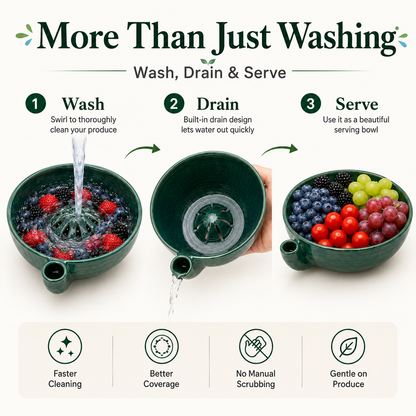 🔥Hot Sale 50% OFF 🎁Self Spinning Berry Washing Bowl Ceramic, Automatic swirl fruit colander with drain hole, multipurpose kitchen washer for berries, fruits and vegetables