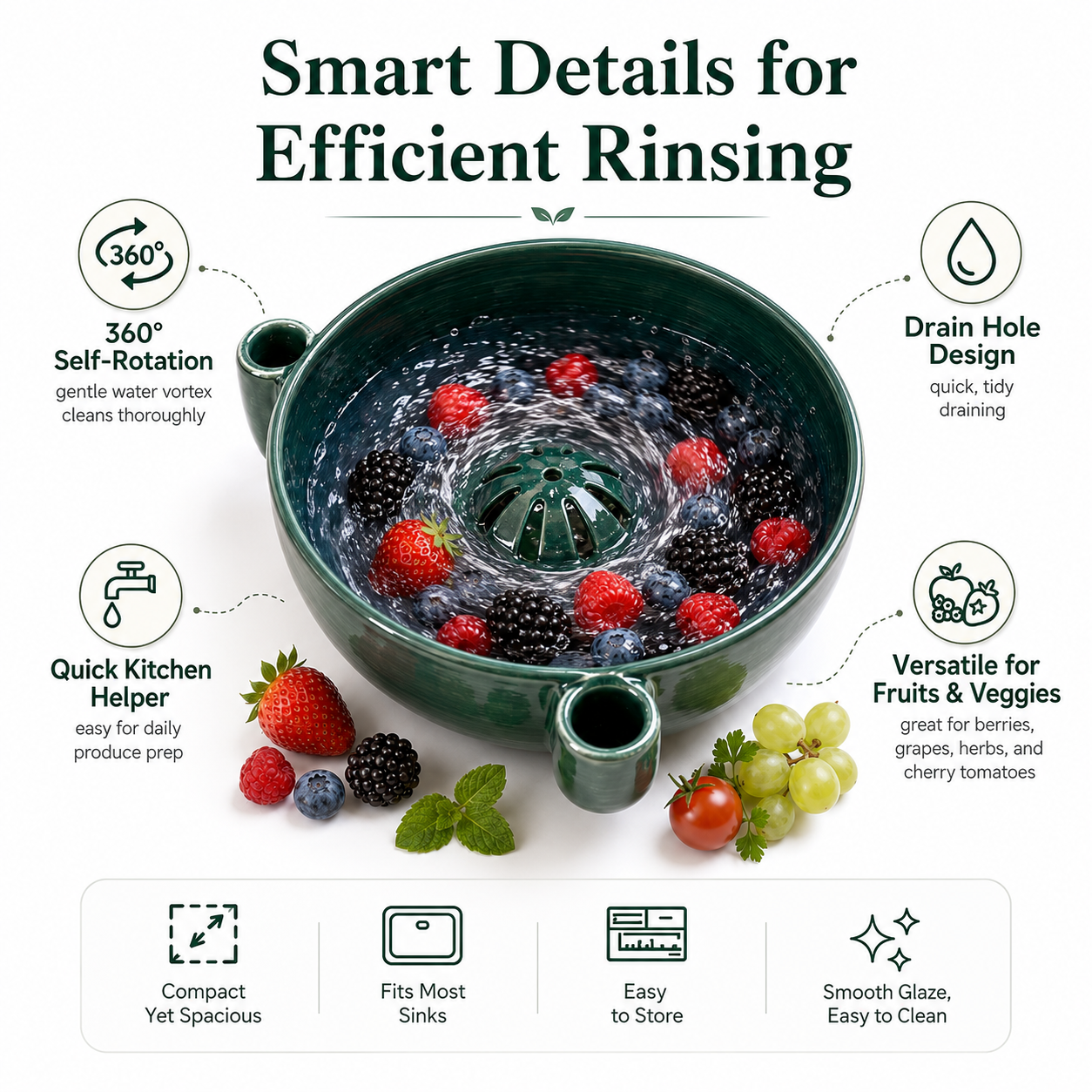🔥Hot Sale 50% OFF 🎁Self Spinning Berry Washing Bowl Ceramic, Automatic swirl fruit colander with drain hole, multipurpose kitchen washer for berries, fruits and vegetables