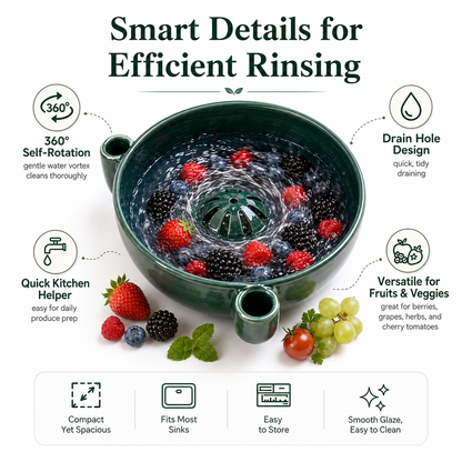 🔥Hot Sale 50% OFF 🎁Self Spinning Berry Washing Bowl Ceramic, Automatic swirl fruit colander with drain hole, multipurpose kitchen washer for berries, fruits and vegetables