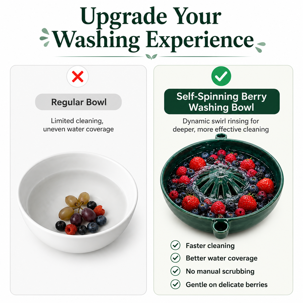 🔥Hot Sale 50% OFF 🎁Self Spinning Berry Washing Bowl Ceramic, Automatic swirl fruit colander with drain hole, multipurpose kitchen washer for berries, fruits and vegetables