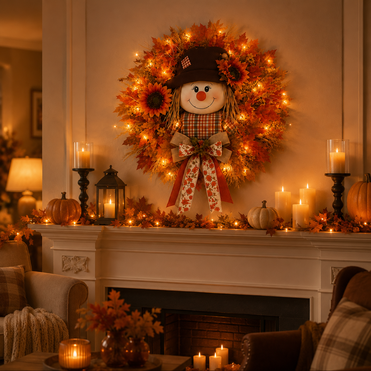 🔥🍁 Fall Favorite – Lighted Scarecrow Front Door Wreath