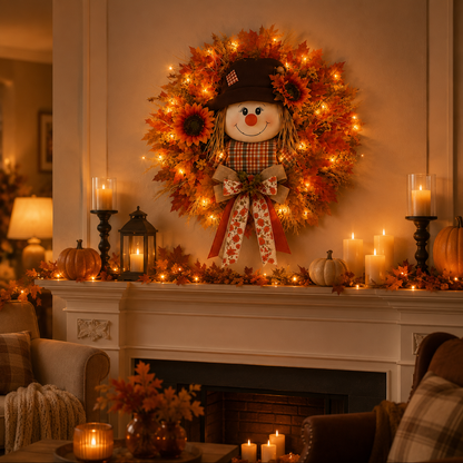 🔥🍁 Fall Favorite – Lighted Scarecrow Front Door Wreath
