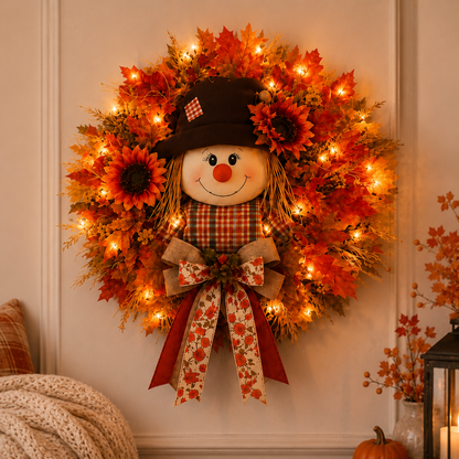 🔥🍁 Fall Favorite – Lighted Scarecrow Front Door Wreath
