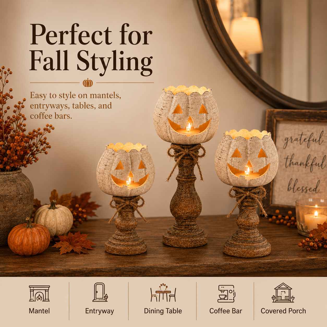 ✨Rustic White Pumpkin Tealight Candle Holder Set of 3