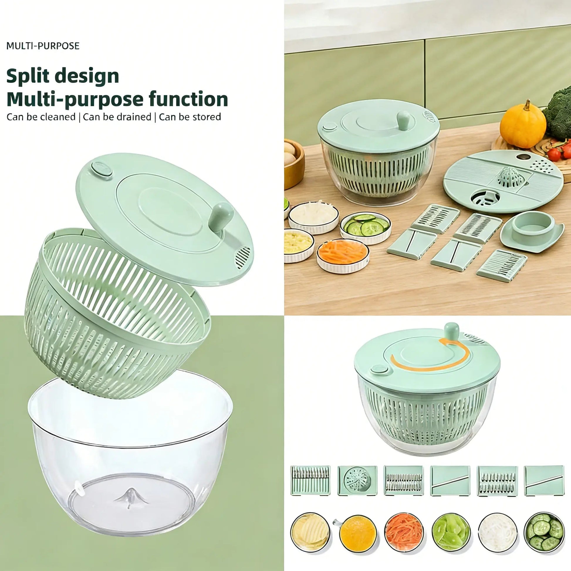 3-in-1 Salad Spinner with 5-Blade Slicer – 5.3 Qt Vegetable Washer, Strainer & Kitchen Prep Bowl