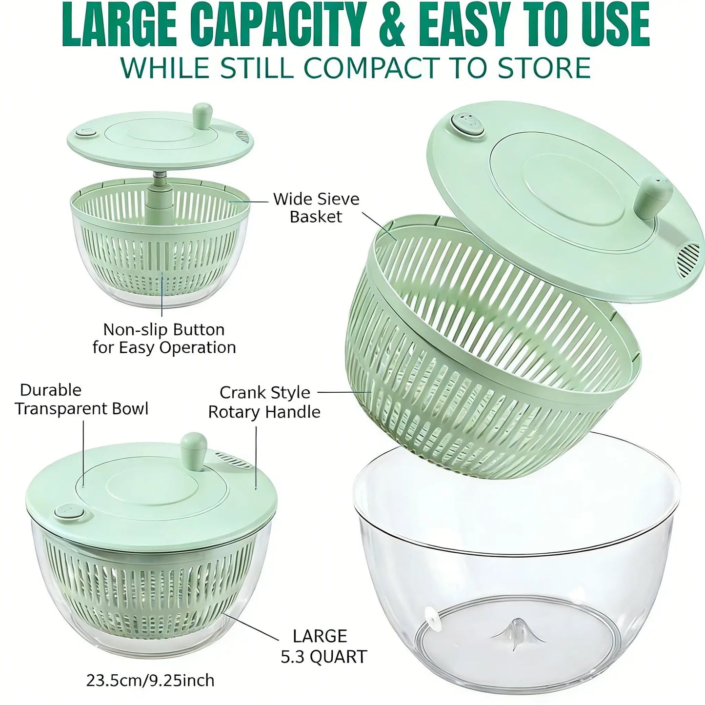 3-in-1 Salad Spinner with 5-Blade Slicer – 5.3 Qt Vegetable Washer, Strainer & Kitchen Prep Bowl