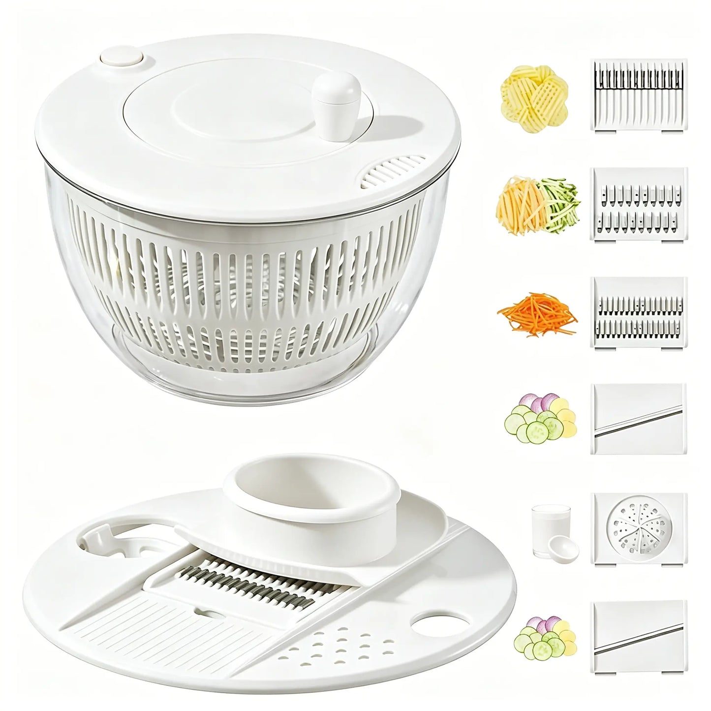 3-in-1 Salad Spinner with 5-Blade Slicer – 5.3 Qt Vegetable Washer, Strainer & Kitchen Prep Bowl