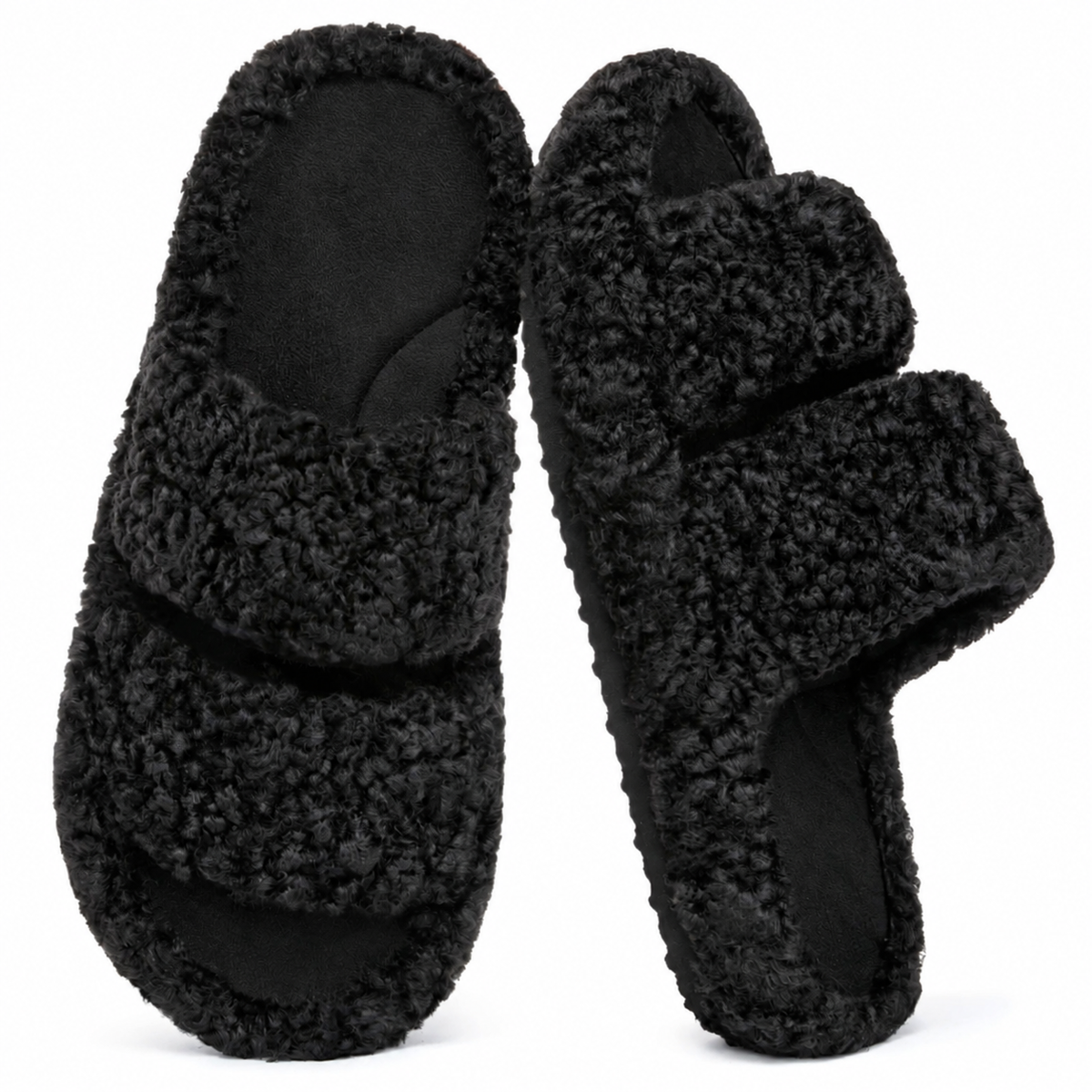 Women's Fuzzy Open-Toe Slippers - Matt Black