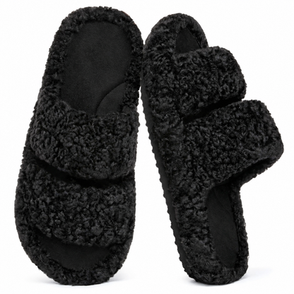 Women's Fuzzy Open-Toe Slippers - Matt Black