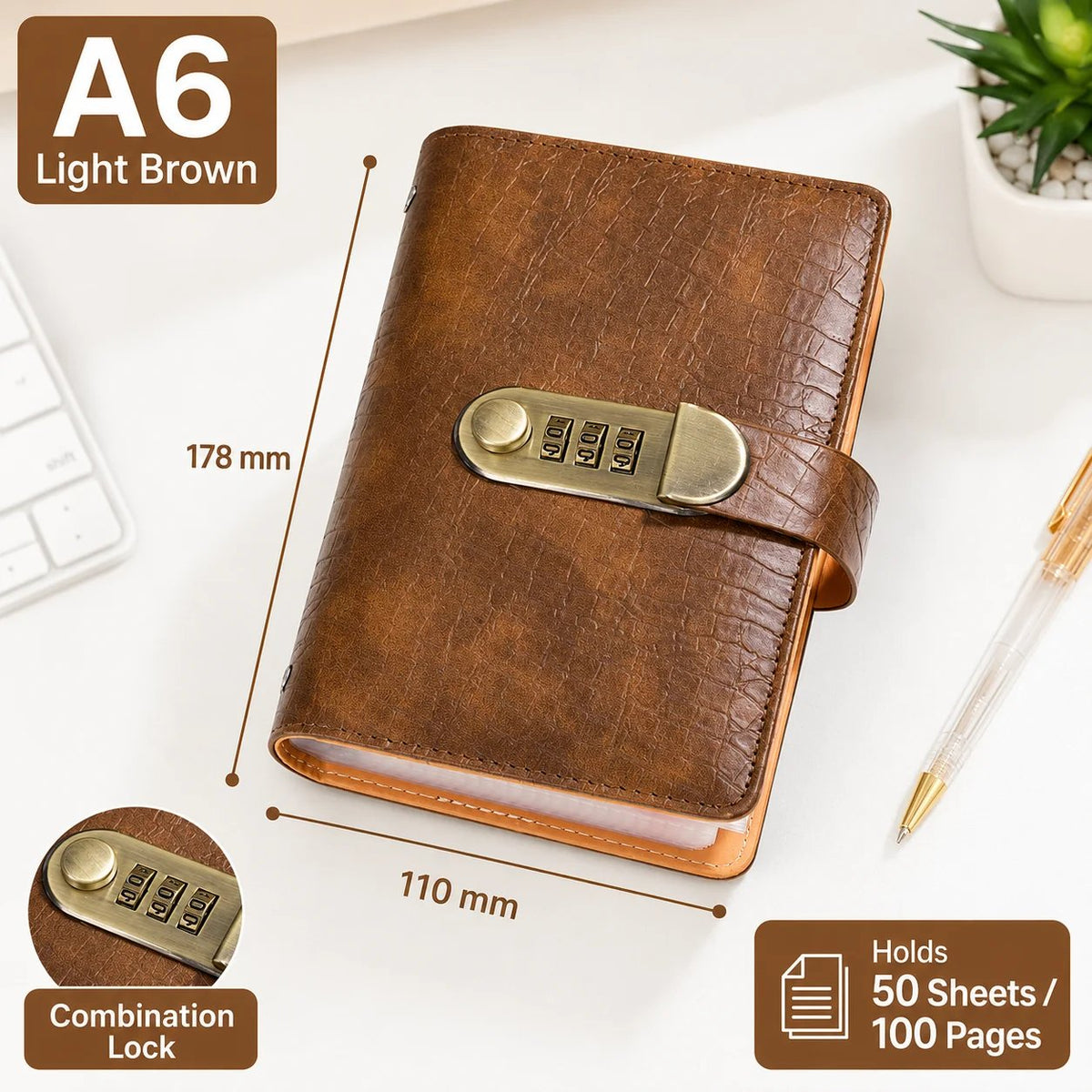 🔥 Last Day 49% OFF– Lockable A6 Savings Notebook with 3-Digit Combination Lock 💰 - Light Brown