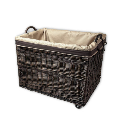 Large Wicker Storage Log Basket on Wheels, Lined (Dark)