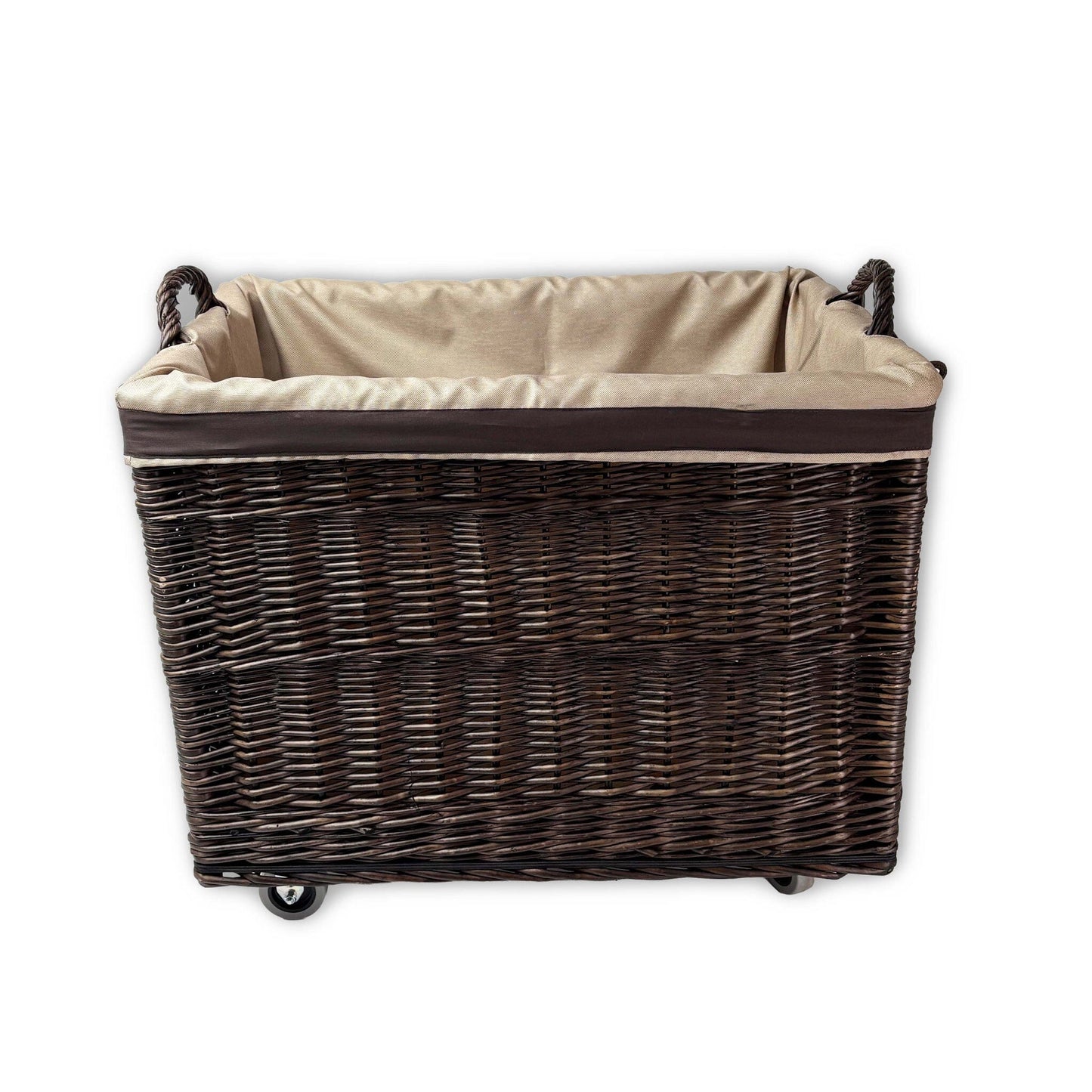 Large Wicker Storage Log Basket on Wheels, Lined (Dark)