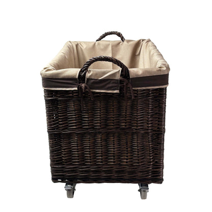 Large Wicker Storage Log Basket on Wheels, Lined (Dark)