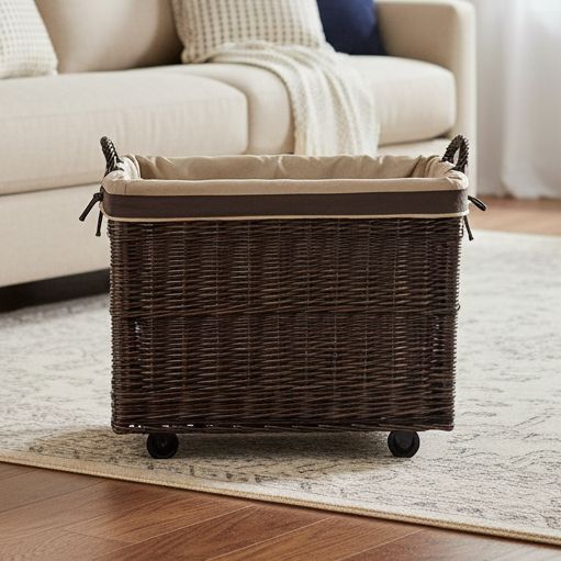 Large Wicker Storage Log Basket on Wheels, Lined (Dark)